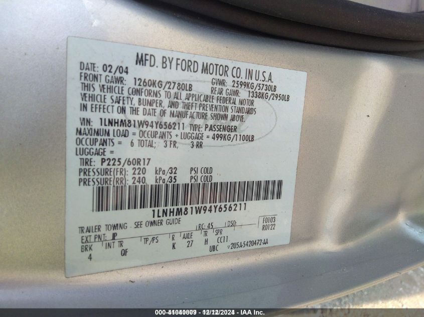 2004 Lincoln Town Car Signature VIN: 1LNHM81W94Y656211 Lot: 41040809