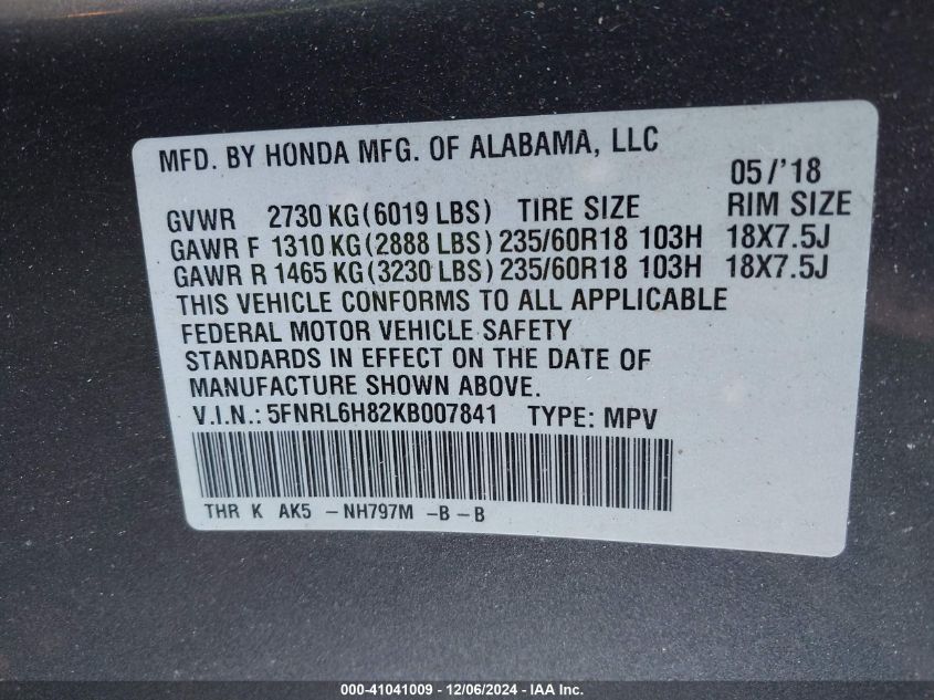 VIN 5FNRL6H82KB007841 2019 Honda Odyssey, Touring no.9