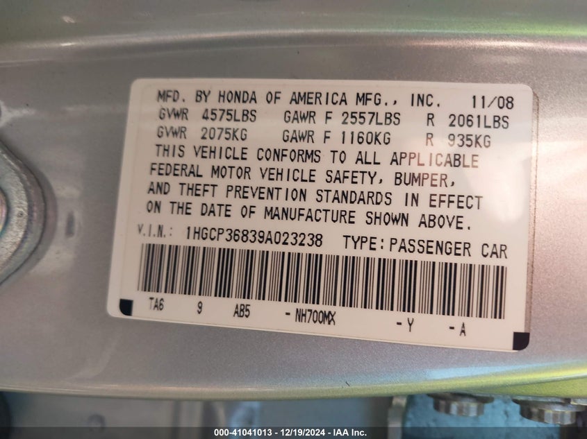 2009 HONDA ACCORD VIN: 1HGCP36839A023238