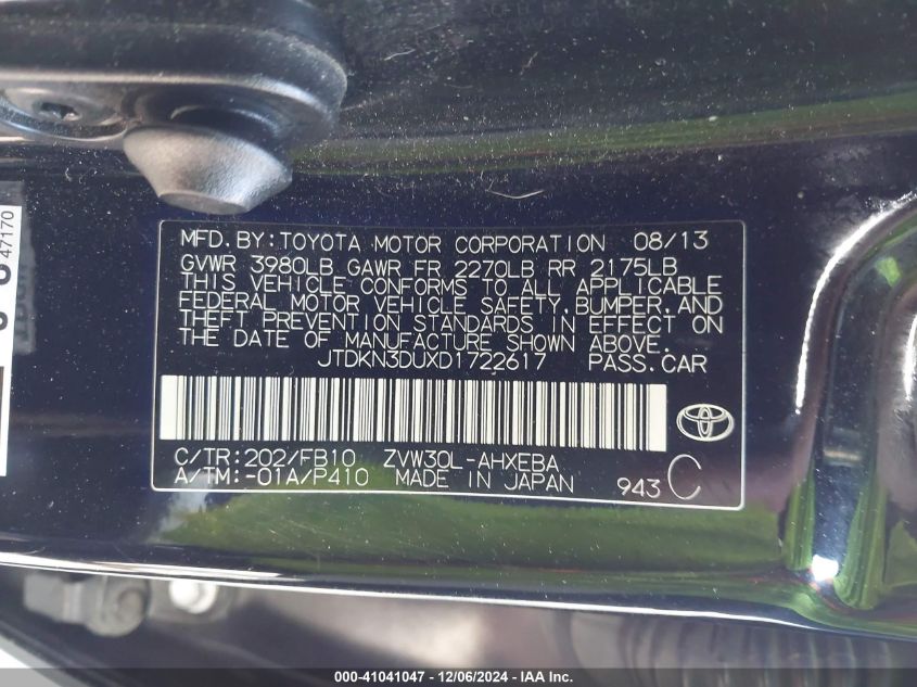 VIN JTDKN3DUXD1722617 2013 Toyota Prius, Two no.9