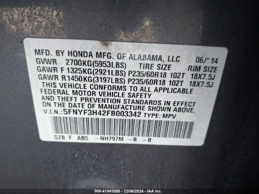 VIN 5FNYF3H42FB003342 2015 Honda Pilot, EX no.9