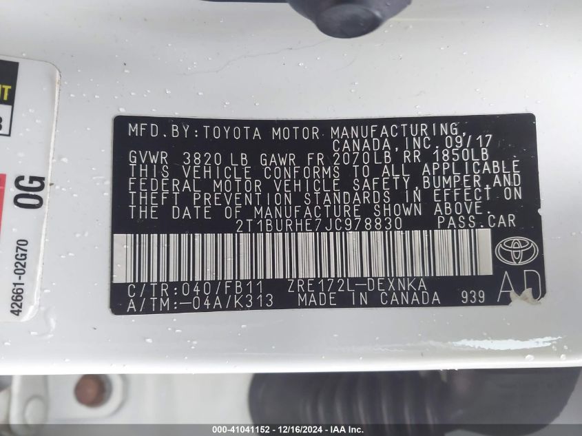 2018 Toyota Corolla Le VIN: 2T1BURHE7JC97883 Lot: 41041152