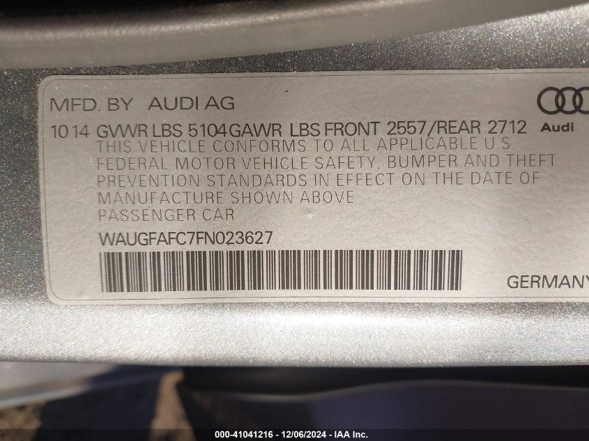 VIN WAUGFAFC7FN023627 2015 Audi A6, 2.0T Premium no.9