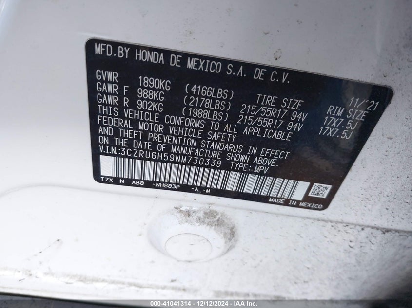 2022 HONDA HR-V 1.8L I-4 VVT, 141HP(VIN: 3CZRU6H59NM730339