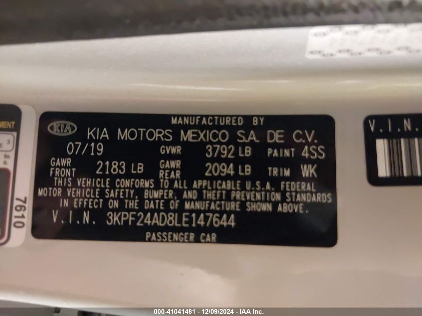 VIN 3KPF24AD8LE147644 2020 KIA Forte, Lxs no.9