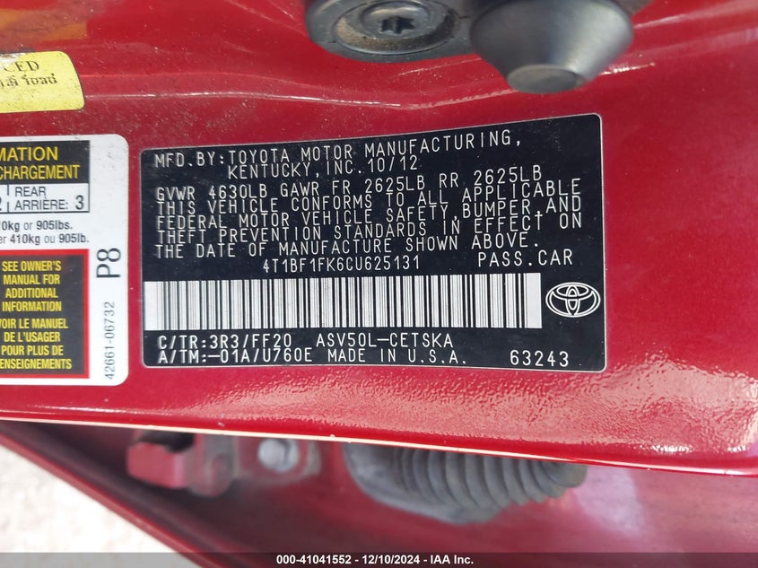 2012 TOYOTA CAMRY VIN: 4T1BF1FK6CU625131