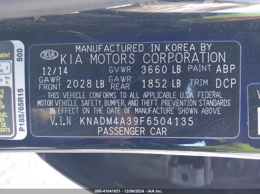 2015 Kia Rio Lx VIN: KNADM4A39F6504135 Lot: 41041621