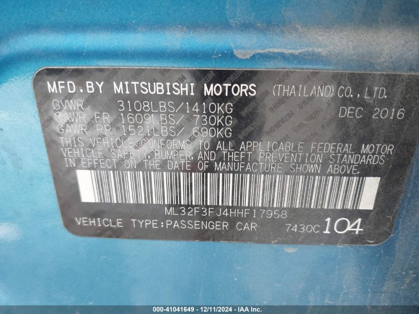 VIN ML32F3FJ4HHF17958 2017 Mitsubishi Mirage, G4 ES no.9