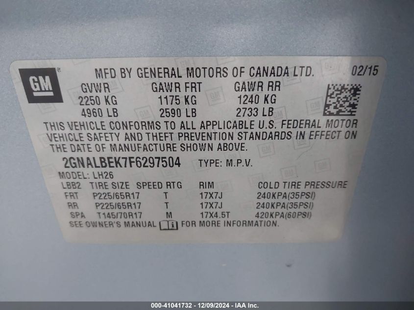 VIN 2GNALBEK7F6297504 2015 CHEVROLET EQUINOX no.9