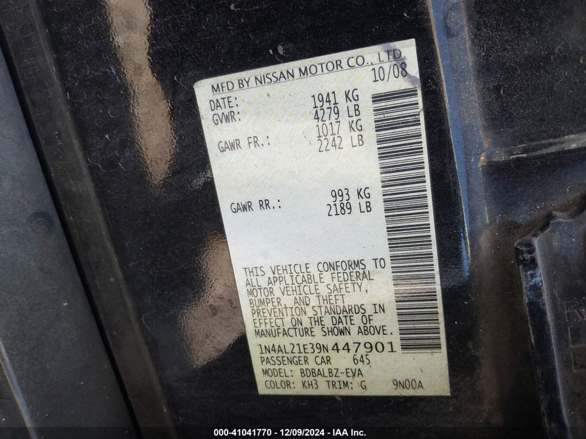 2009 NISSAN ALTIMA VIN: 1N4AL21E39N447901