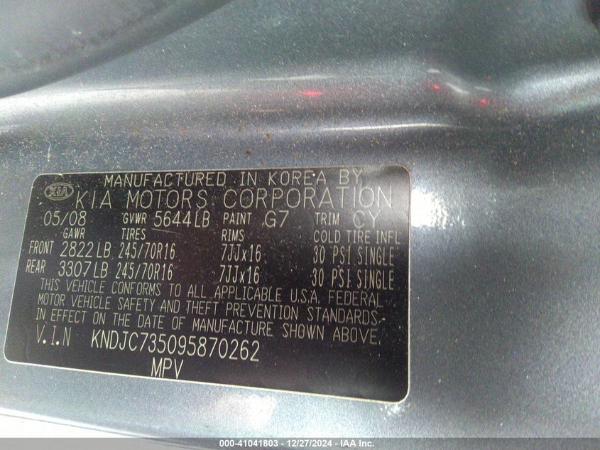 2009 Kia Sorento Lx VIN: KNDJC735095870262 Lot: 41041803