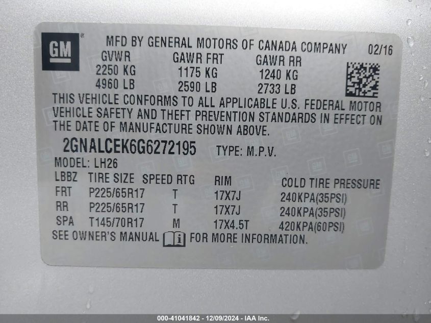 VIN 2GNALCEK6G6272195 2016 Chevrolet Equinox, LT no.9