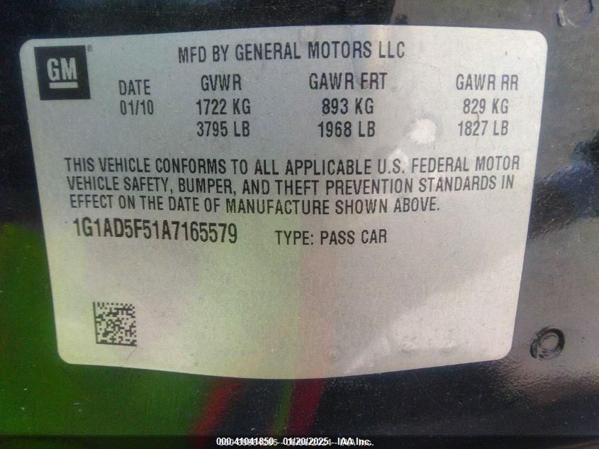 2010 Chevrolet Cobalt Lt VIN: 1G1AD5F51A7165579 Lot: 41041850