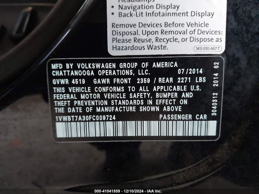 VIN 1VWBT7A30FC009724 2015 VOLKSWAGEN PASSAT no.9