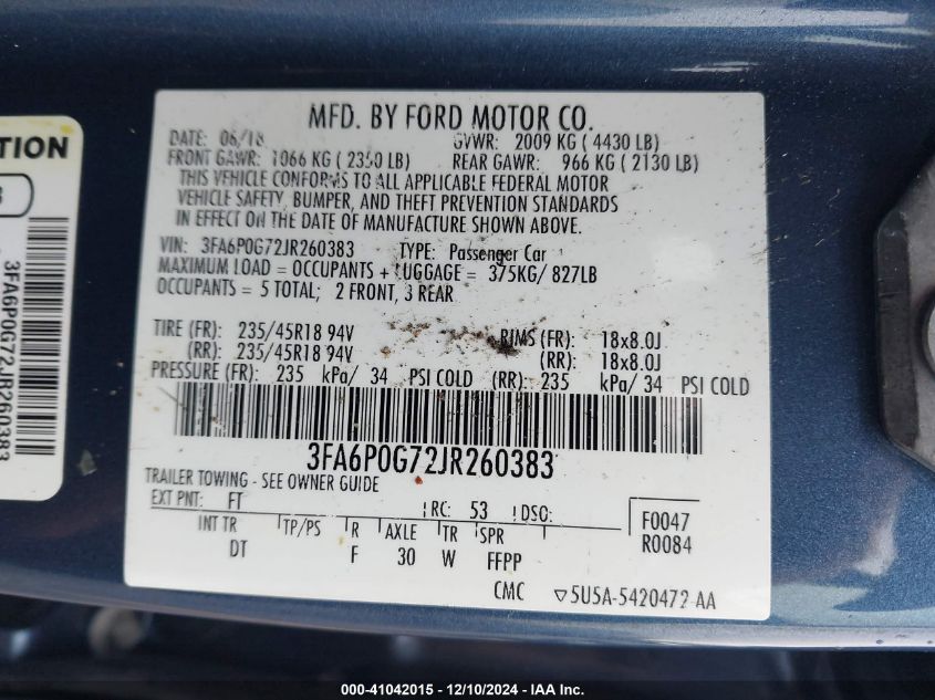 VIN 3FA6P0G72JR260383 2018 Ford Fusion, S no.9