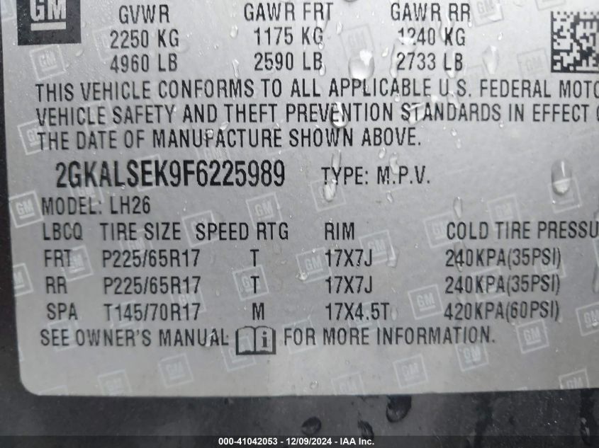 VIN 2GKALSEK9F6225989 2015 GMC TERRAIN no.9