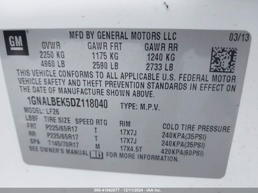 VIN 1GNALBEK5DZ118040 2013 Chevrolet Equinox, LS no.9