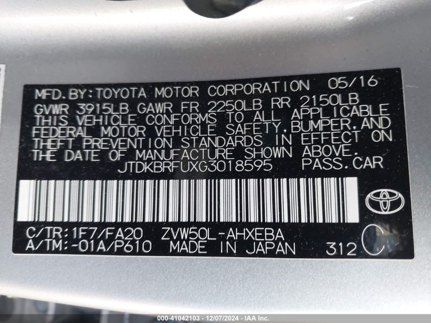 VIN JTDKBRFUXG3018595 2016 Toyota Prius, Two no.9