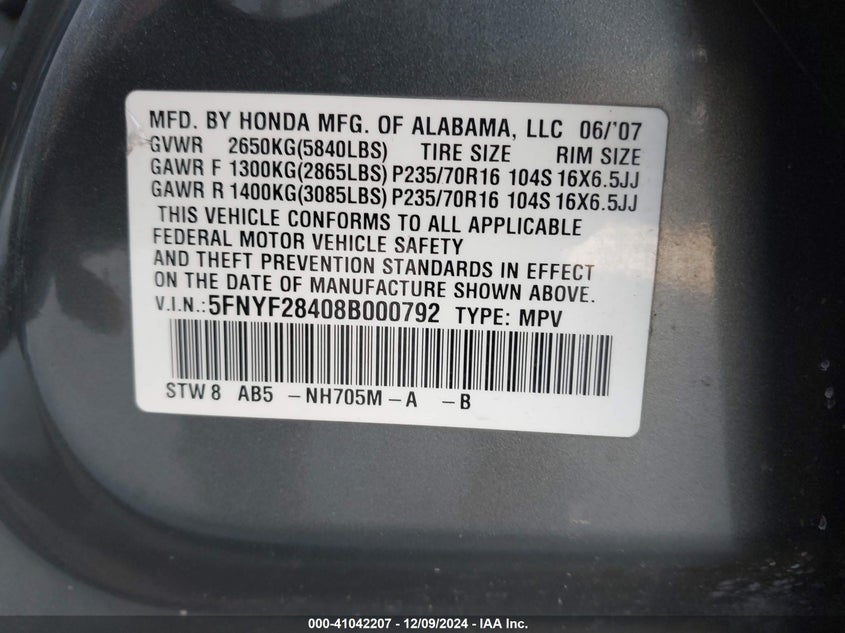 2008 HONDA PILOT VIN: 5FNYF28408B000792