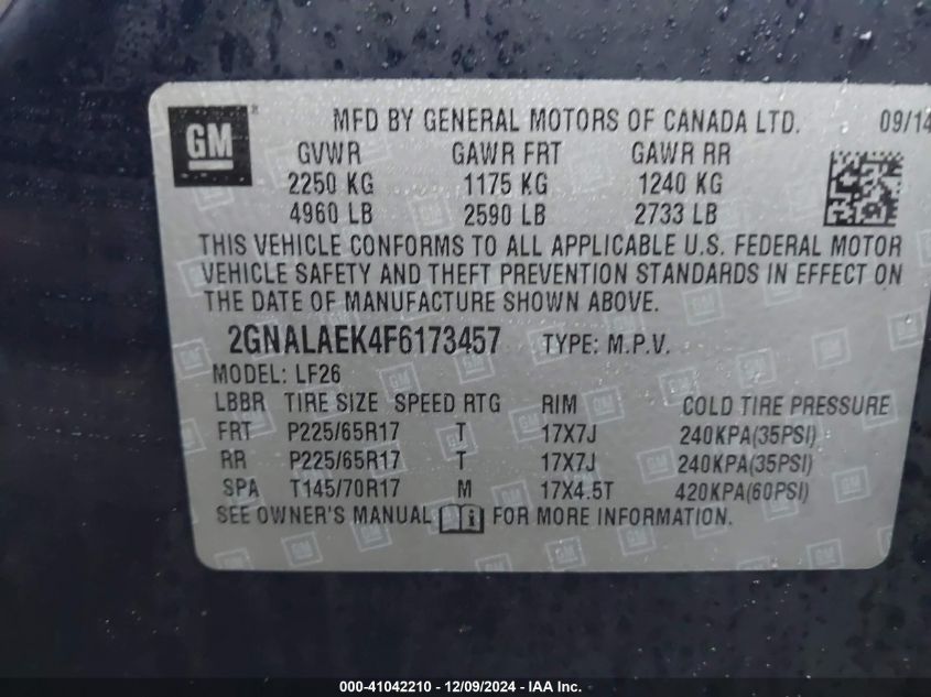 VIN 2GNALAEK4F6173457 2015 Chevrolet Equinox, LS no.9