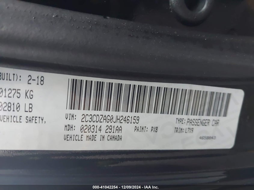 2018 DODGE CHALLENGER VIN: 2C3CDZAG0JH246159