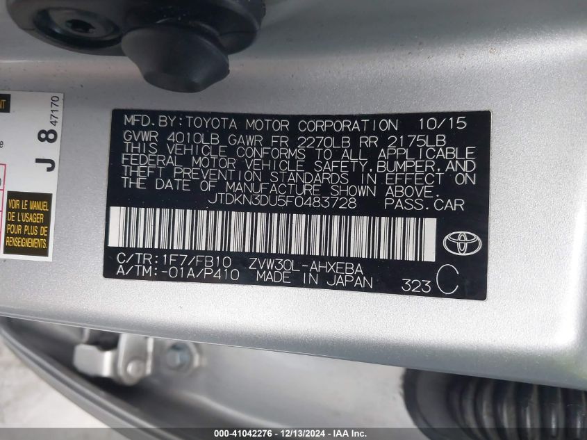 VIN JTDKN3DU5F0483728 2015 Toyota Prius, Two no.9