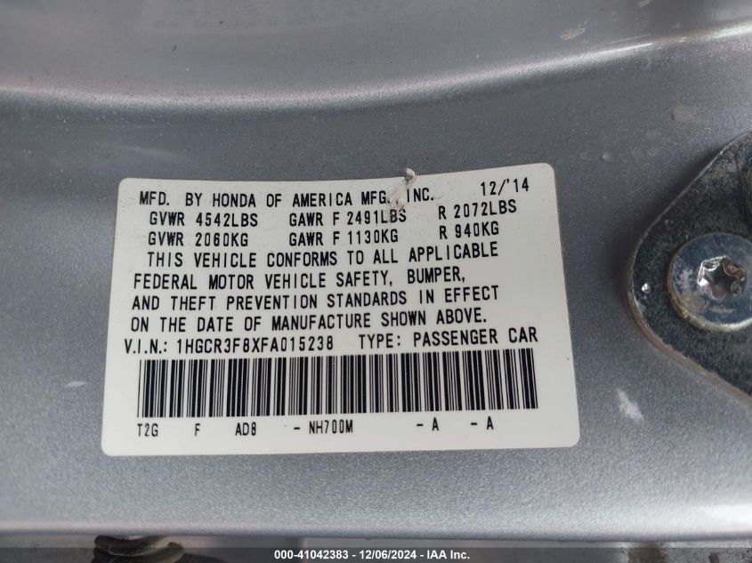 VIN 1HGCR3F8XFA015238 2015 HONDA ACCORD no.9