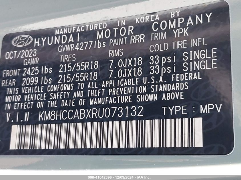 2024 Hyundai Kona Sel VIN: KM8HCCABXRU073132 Lot: 41042396