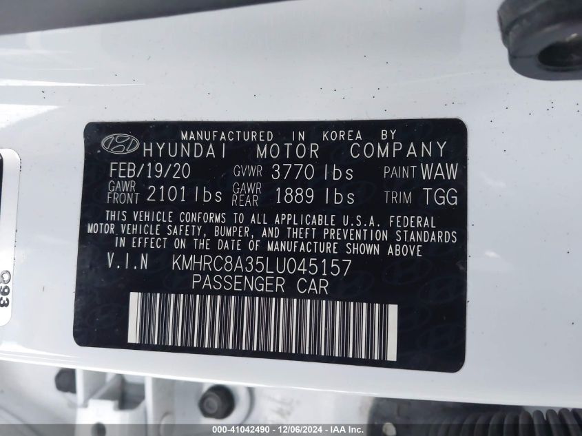 2020 Hyundai Venue Sel VIN: KMHRC8A35LU045157 Lot: 41042490