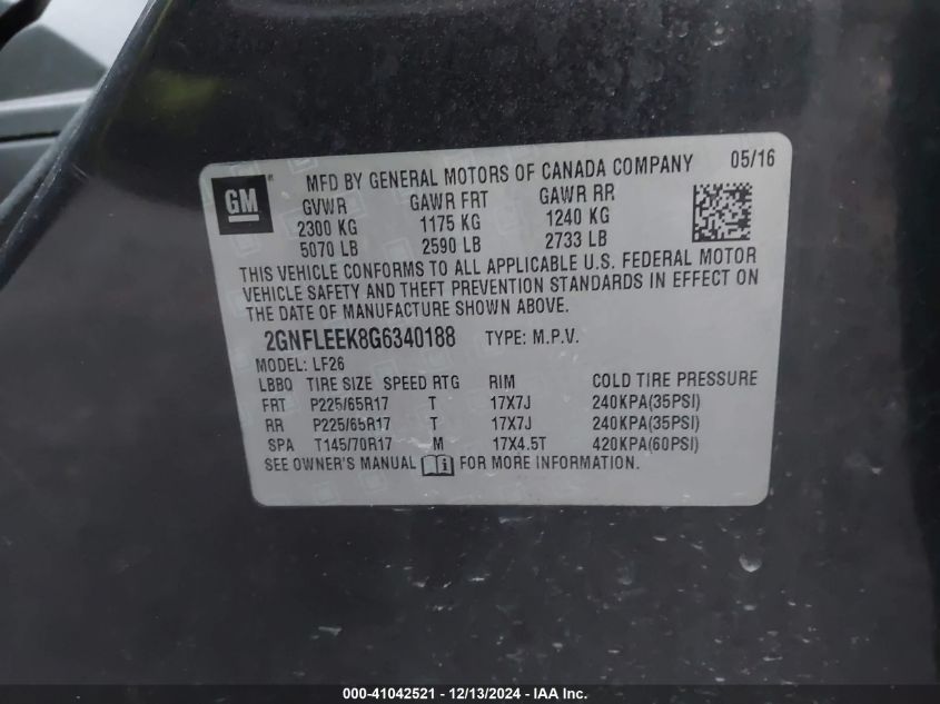 VIN 2GNFLEEK8G6340188 2016 Chevrolet Equinox, LS no.9