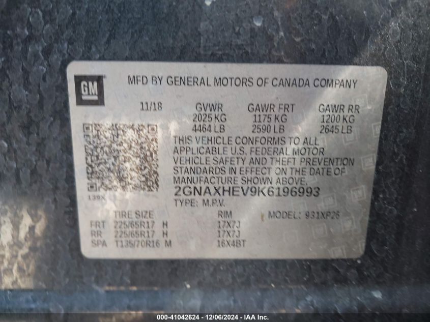 VIN 2GNAXHEV9K6196993 2019 Chevrolet Equinox, LS no.9