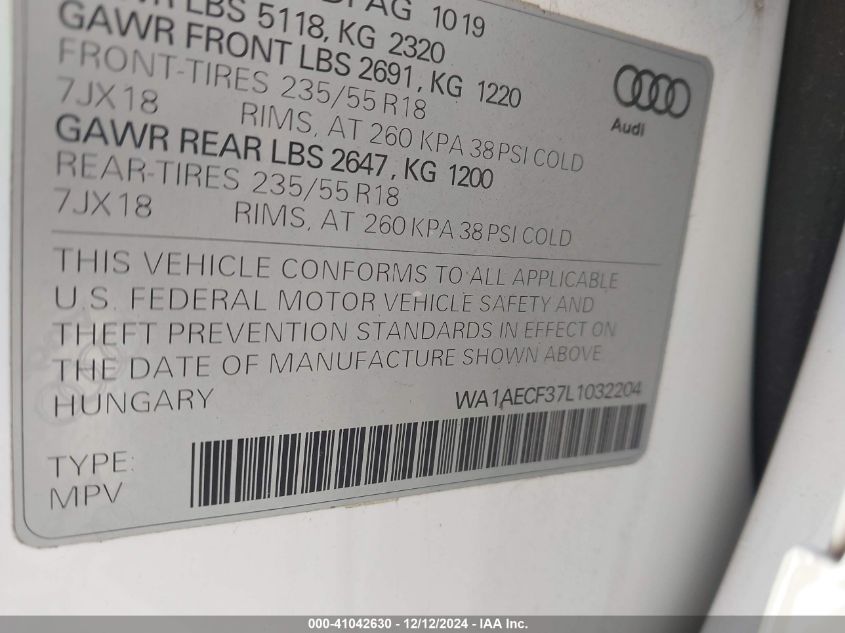 VIN WA1AECF37L1032204 2020 Audi Q3, Premium 45 Tfsi... no.9