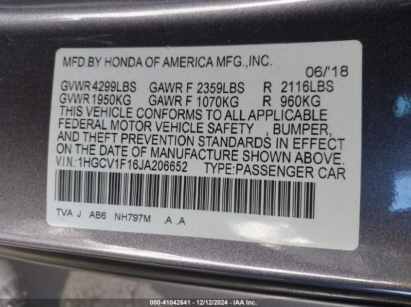 VIN 1HGCV1F16JA206652 2018 HONDA ACCORD no.9