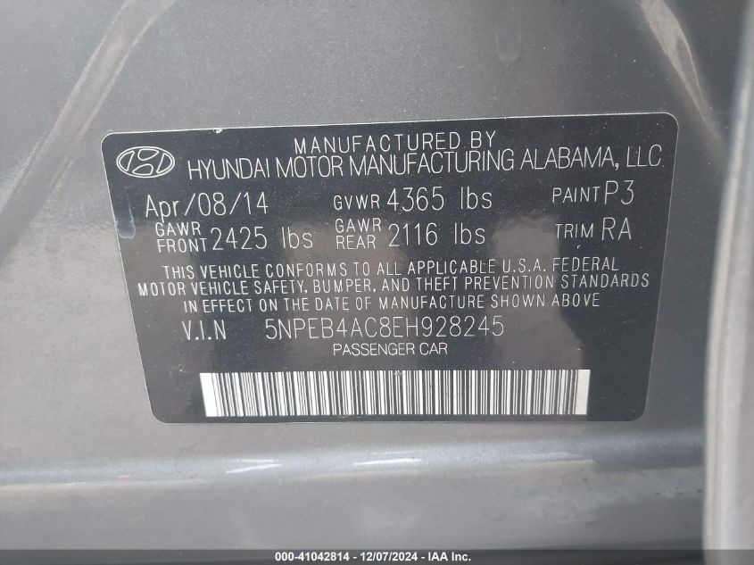 VIN 5NPEB4AC8EH928245 2014 Hyundai Sonata, Gls no.9