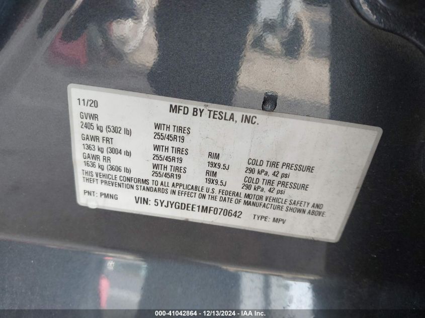 2021 TESLA MODEL Y - 5YJYGDEE1MF070642