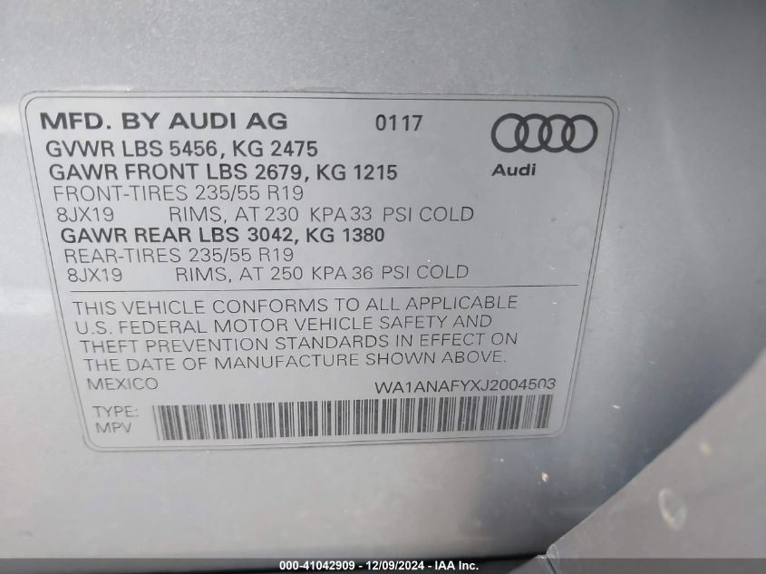 VIN WA1ANAFYXJ2004503 2018 Audi Q5, 2.0T Premium/2.... no.9