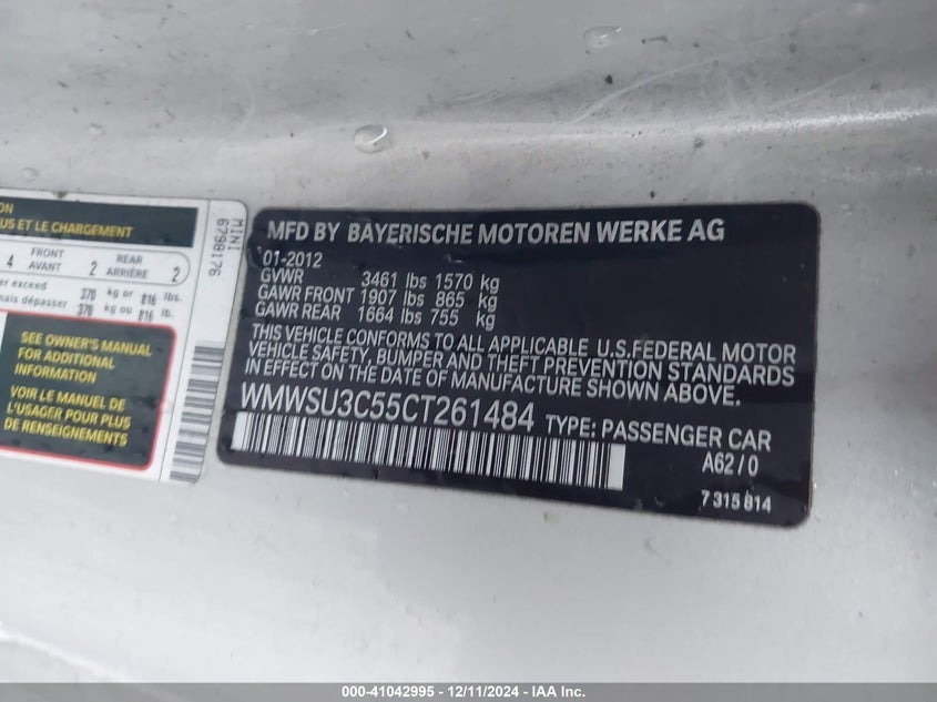 2012 MINI COOPER VIN: WMWSU3C55CT261484