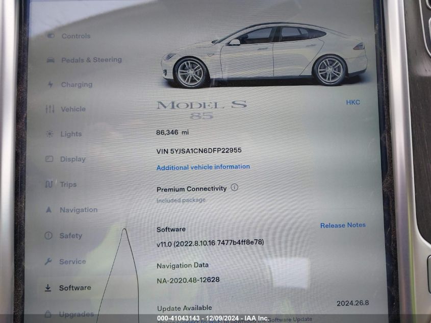 2013 Tesla Model S VIN: 5YJSA1CN6DFP22955 Lot: 41043143