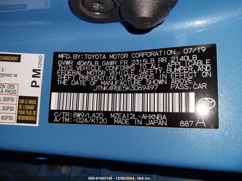 2019 TOYOTA COROLLA VIN: JTNK4RBE5K3069497