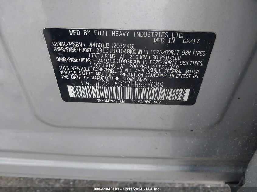 VIN JF2SJAGC7HH553089 2017 Subaru Forester, 2.5I Pr... no.9