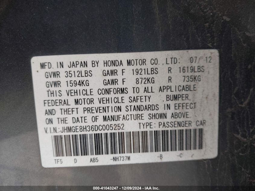 VIN JHMGE8H36DC005252 2013 HONDA FIT no.9