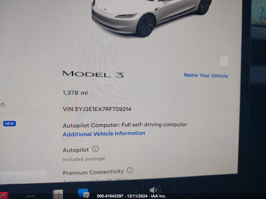 2024 Tesla Model 3 Long Range Dual Motor All-Wheel Drive/Rear-Wheel Drive VIN: 5YJ3E1EA7RF729214 Lot: 41043297