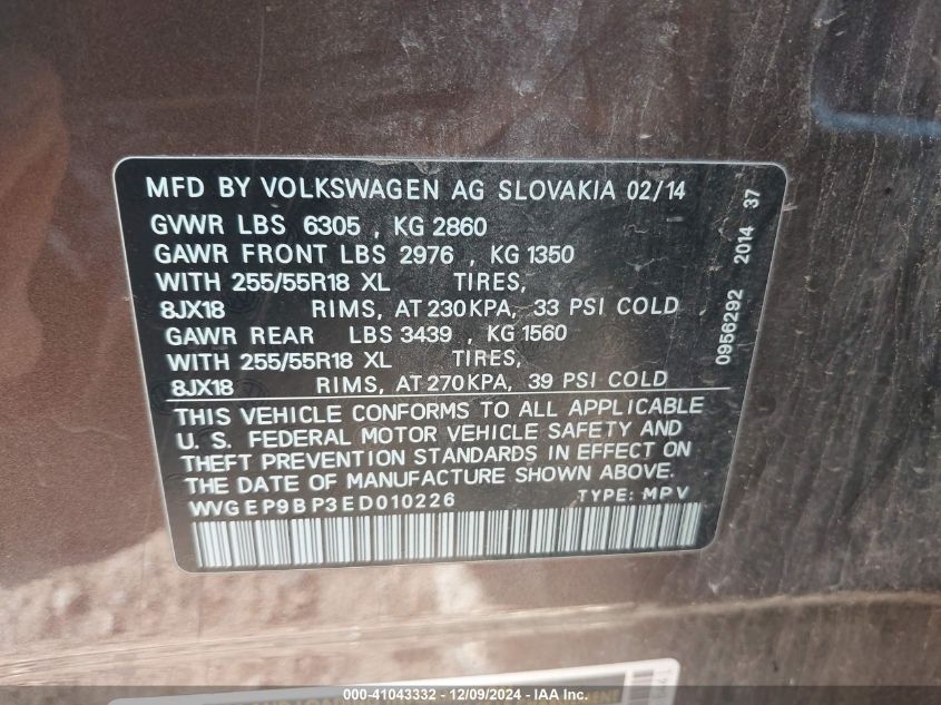 VIN WVGEP9BP3ED010226 2014 Volkswagen Touareg, Tdi... no.9