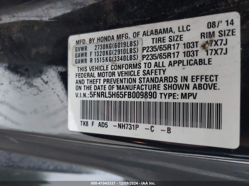 VIN 5FNRL5H65FB009890 2015 HONDA ODYSSEY no.9