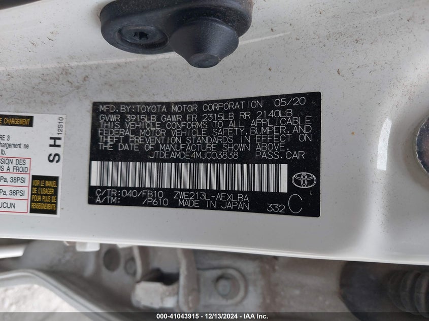 2021 TOYOTA COROLLA HYBRID LE - JTDEAMDE4MJ003838