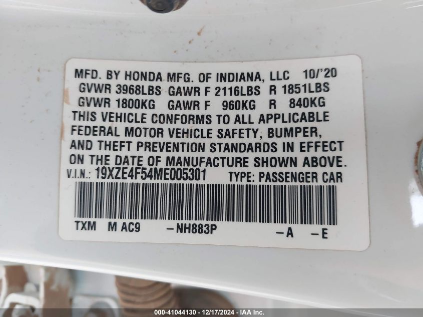 2021 Honda Insight Ex VIN: 19XZE4F54ME005301 Lot: 41044130