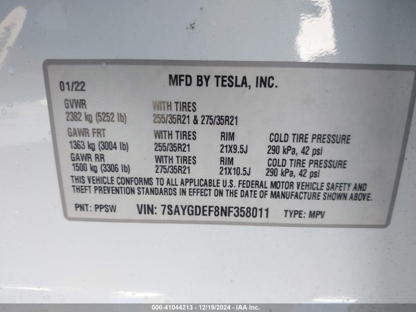 2022 Tesla Model Y Performance Dual Motor All-Wheel Drive VIN: 7SAYGDEF8NF358011 Lot: 41044213