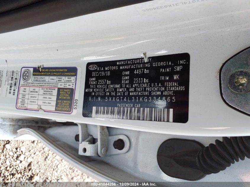2019 Kia Optima S VIN: 5XXGT4L31KG334865 Lot: 41044256