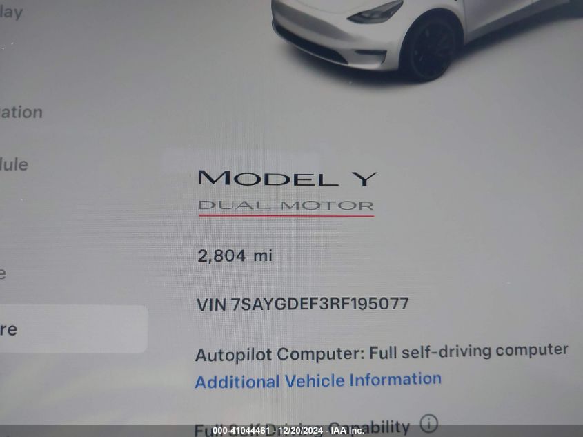 2024 Tesla Model Y Performance Dual Motor All-Wheel Drive VIN: 7SAYGDEF3RF195077 Lot: 41044461