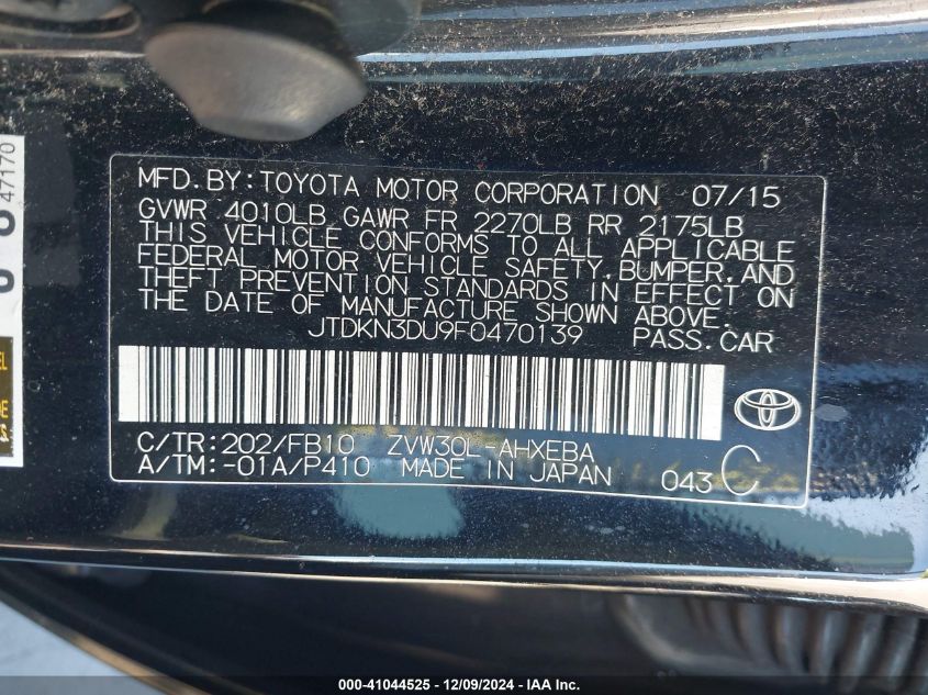 VIN JTDKN3DU9F0470139 2015 Toyota Prius, Two no.9